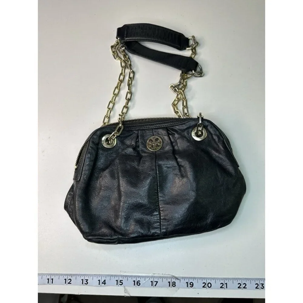 Tory Burch Dena Mini Black Crinkle Leather Crossbody Chain Bag
